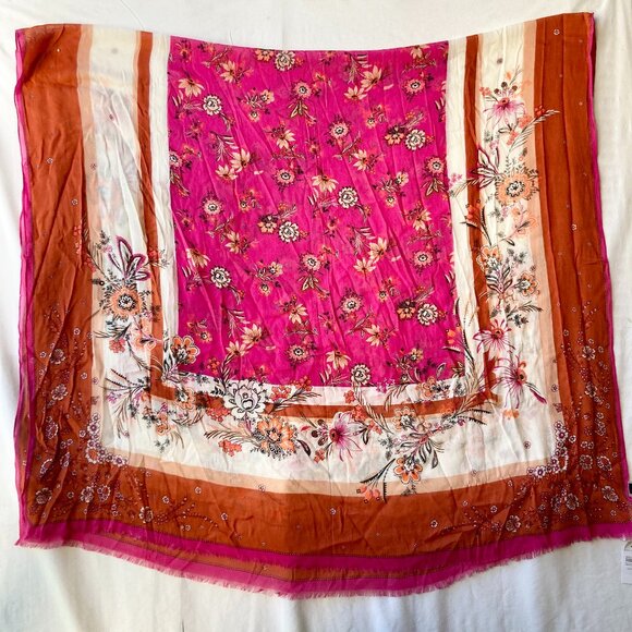 Ann Taylor Floral Flower Wrap Scarf Shawl Pink Orange Paisley Indian Lotus NWT - Picture 1 of 12